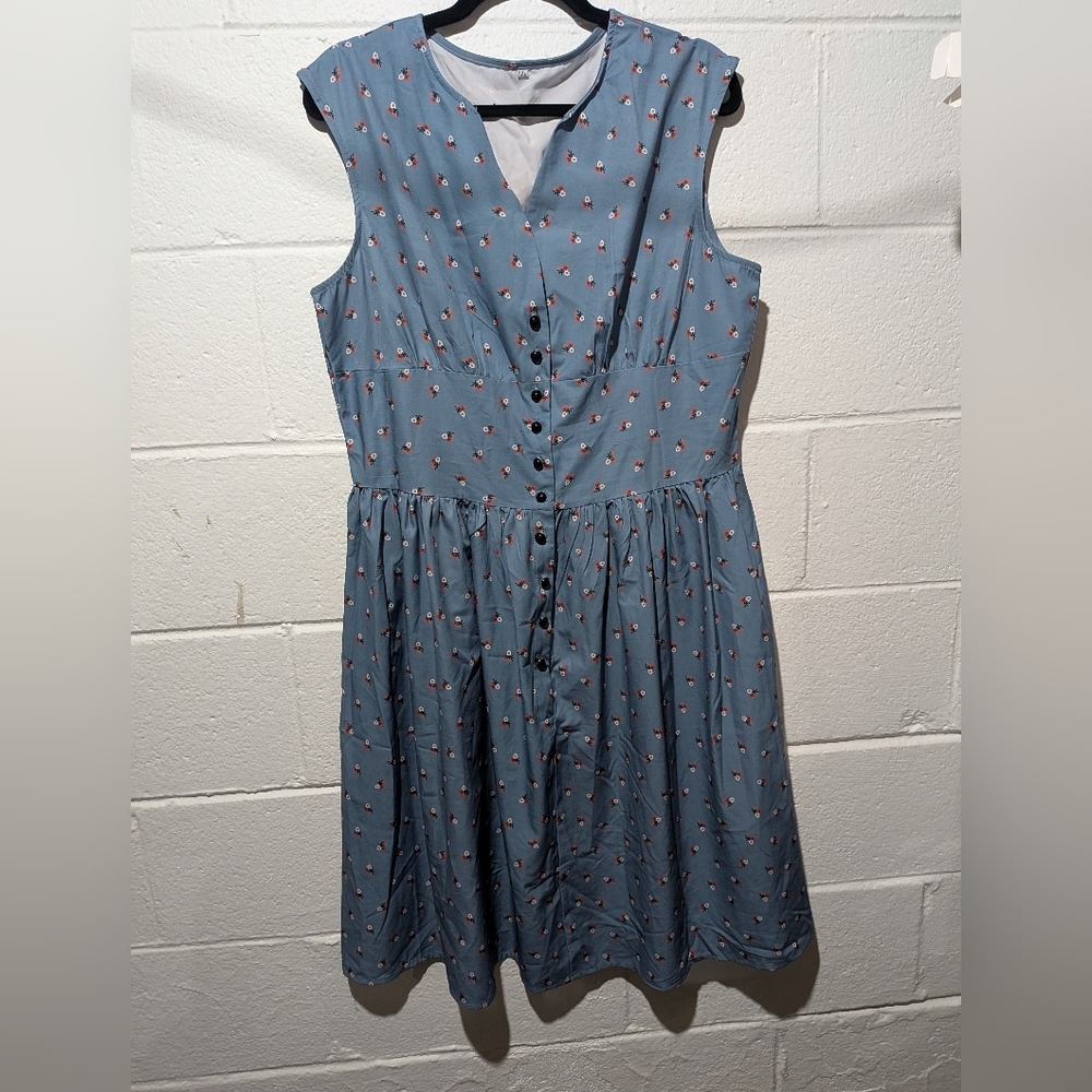 Button Front Blue Floral Dress
